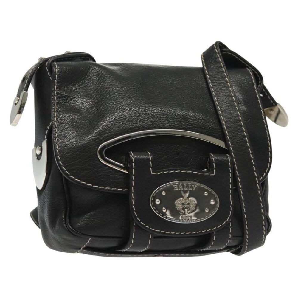 Authentic BALLY Shoulder Bag Leather Black Silver